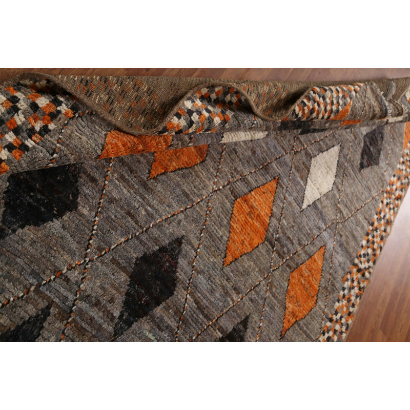 Tapis unique gris anthracite / orange en laine nouée à la main 6 pi 9 po x 9 pi 10 po New Age