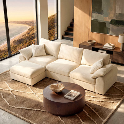Rialto 3-Seat Modern Chenille Cloud Modular L-Shaped Sectional Sofa with Storage Ottoman, Washable Covers