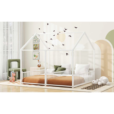 Lits simples en métal pour chambre à coucher, en forme de maison avec barrière de sécurité, plateforme de taille blanche 2 lits côte à côte et coffre-fort à utiliser