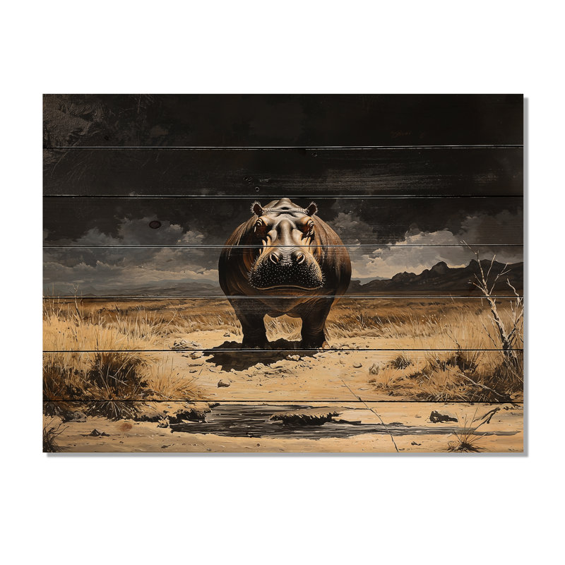 Hippopotame de survie en Afrique - Impression sur bois gris moderne sur bois de pin naturel, H 30 po x l 40 po