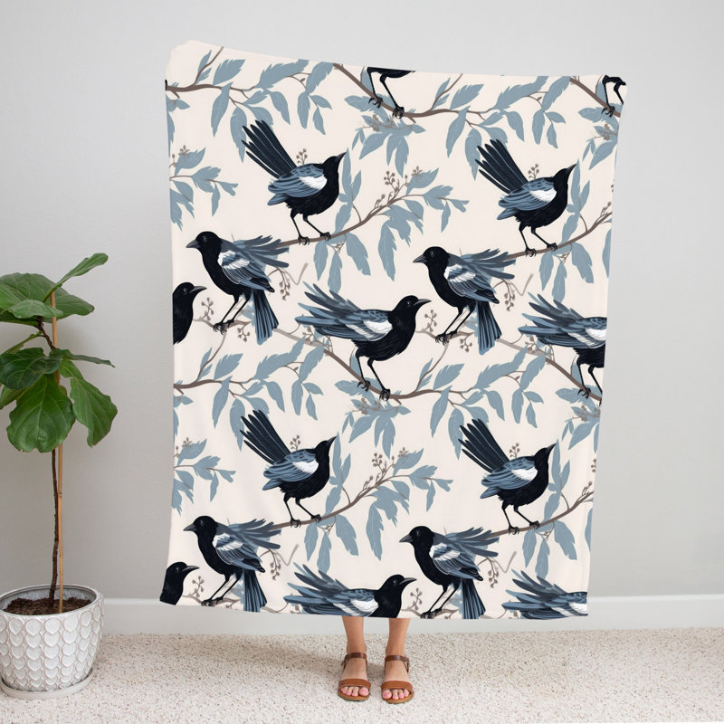 Throw Blanket, 68" W x 80" L, Animal Print/Floral, Blue/Black/Gray