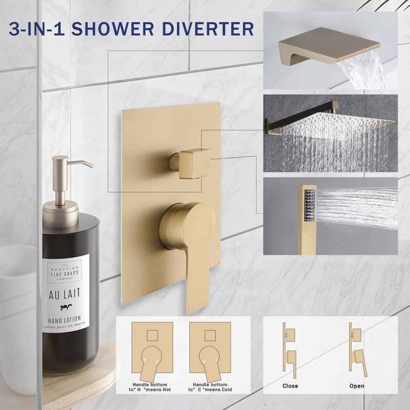 12" Rainfall Tub And Shower System With Handheld Shower And Tub Spout, 3-Function Wall Mounted Shower Faucet Set With Pressure Balance Valve