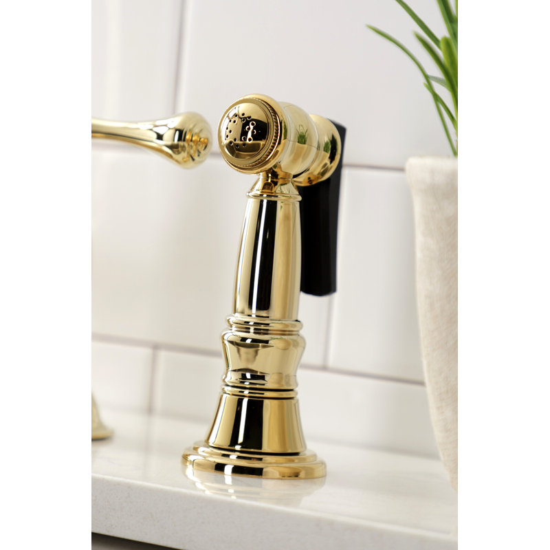 Kingston Brass Restoration Two-Handle 4-Hole Deck Mount Bridge Kitchen Faucet with Brass Side Sprayer, Polished Brass