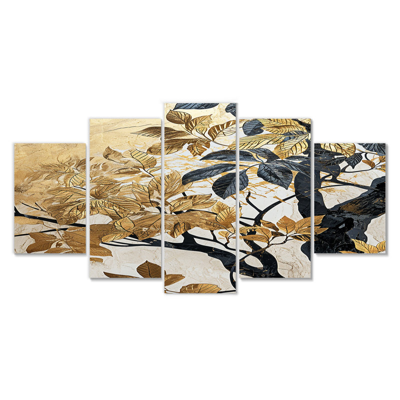 Arbre noir rétro feuilles dorées - feuilles, art mural 5 pièces