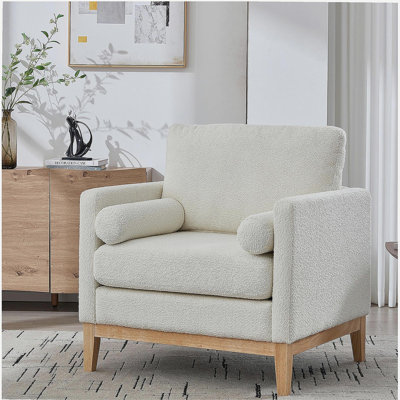 Fauteuil d'appoint de 35,4 po de style campagne moderne avec pieds en bois naturel, fauteuil de lecture à base de bois et canapé avec deux traversins pour le bureau et le salon. Boucle noire.