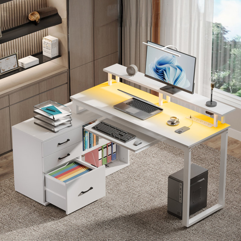 Ameliore 55.1" L Shaped Computer Desk with File Drawer, LED Lights and Keyboard Tray, White