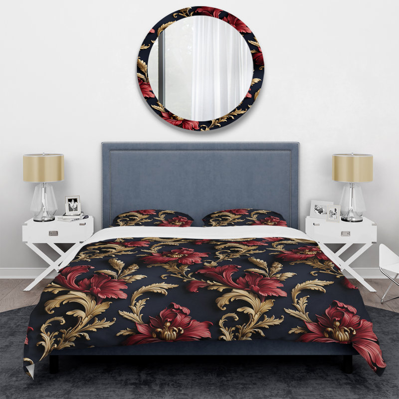 Ensemble de housse de couette Royal Red and Gold Peony Garden Grace, Housse de couette simple + 1 taie décorative stan