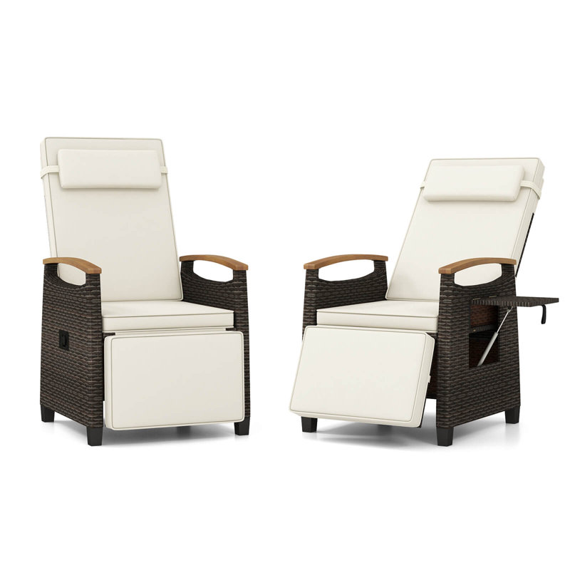Red Barrel Studio® 2 Pcs Patio Wicker Recliner Chair With Adjustable Backrest Footrest Flip Side Table, White