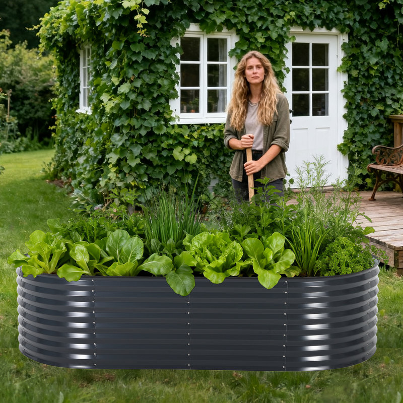 Lit de jardin surélevé en acier galvanisé avec couvercle, 8 pi x 4 pi x 2 pi, pot à fleurs ovale avec portes moustiquaires à fermeture à glissière, base ouverte pour les légumes et les fleurs