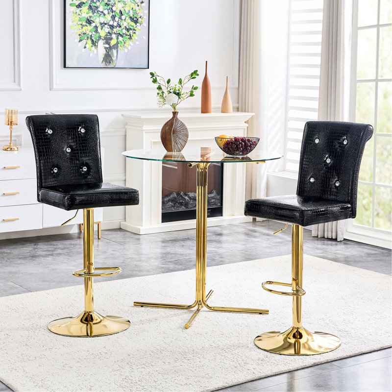 Ensemble de table de bar et tabourets Modern, table de pub ronde avec plateau en verre avec base et 2 tabourets de bar en cuir de polyuréthane gaufré crocodile noir avec hauteur réglable et pivotant, ensemble bistro Home Bar