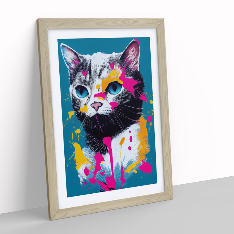 Paint Splat Cat No.3 - Framed Print, 34cm H x 25cm W x 2cm D, Oak