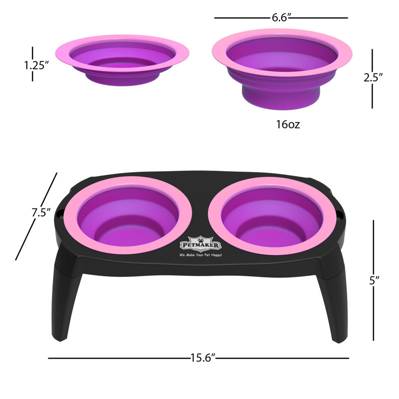 PETMAKER Elevated Cat and Dog Food Bowls with Non-Slip Stand - Removable and Collapsible Silicone Feeder for Food and Water - 16-Ounces Each (Pink)