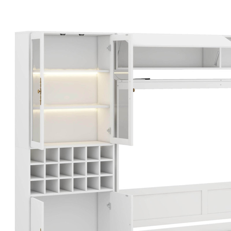 Lit escamotable double avec canapé, port USB, tablettes et lumière, Blanc, Double