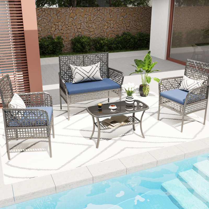 Patio extérieur avec PE, table en verre trempé, coussins amovibles pour un entretien facile 4 sièges confortables, Bleu