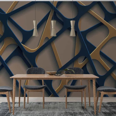 Murale géométrique abstraite moderne moderne en or bleu marine et beige, salon de luxe, chambre à coucher, bureau, décor