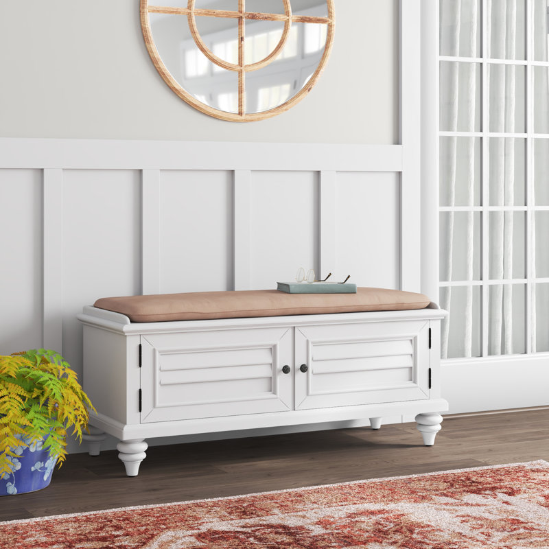 Banc de rangement en bois massif Delacour, Blanc brossé