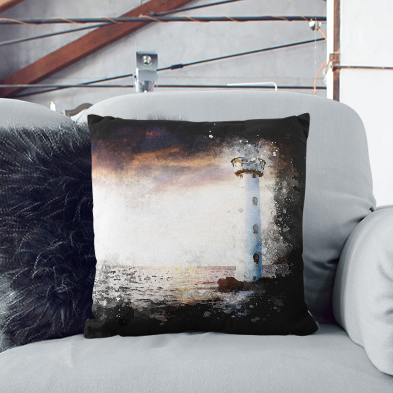Lighthouse and Seascape Evening Glow Paint Splash Cushion with Filling, 55cm H x 55cm W x 20cm D, Stone