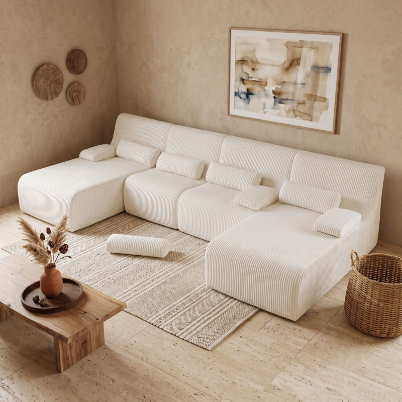 Canapé modulaire moderne avec canapé rembourré en velours côtelé et coussins, Beige