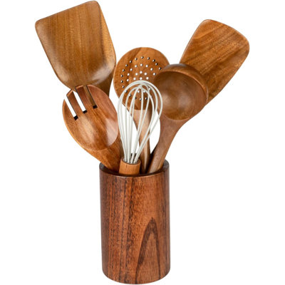 Ustensiles en bois pour la cuisine, 7 pièces, ensemble d'ustensiles de cuisine en bois d'acacia naturel avec support pour ustensiles de cuisine