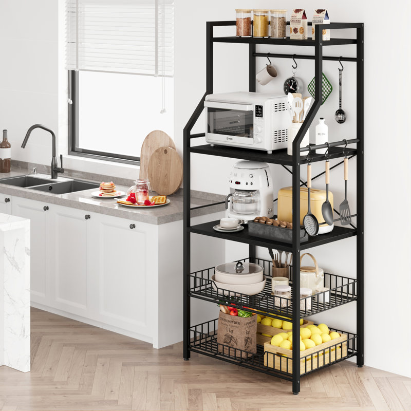 Étagère de cuisine à 5 niveaux avec support pour micro-ondes autoportant en métal avec deux paniers grillagés, noir, Black