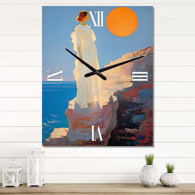 Pleine lune prêtresse sur falaise près de l'océan - Horloge murale robot surdimensionnée