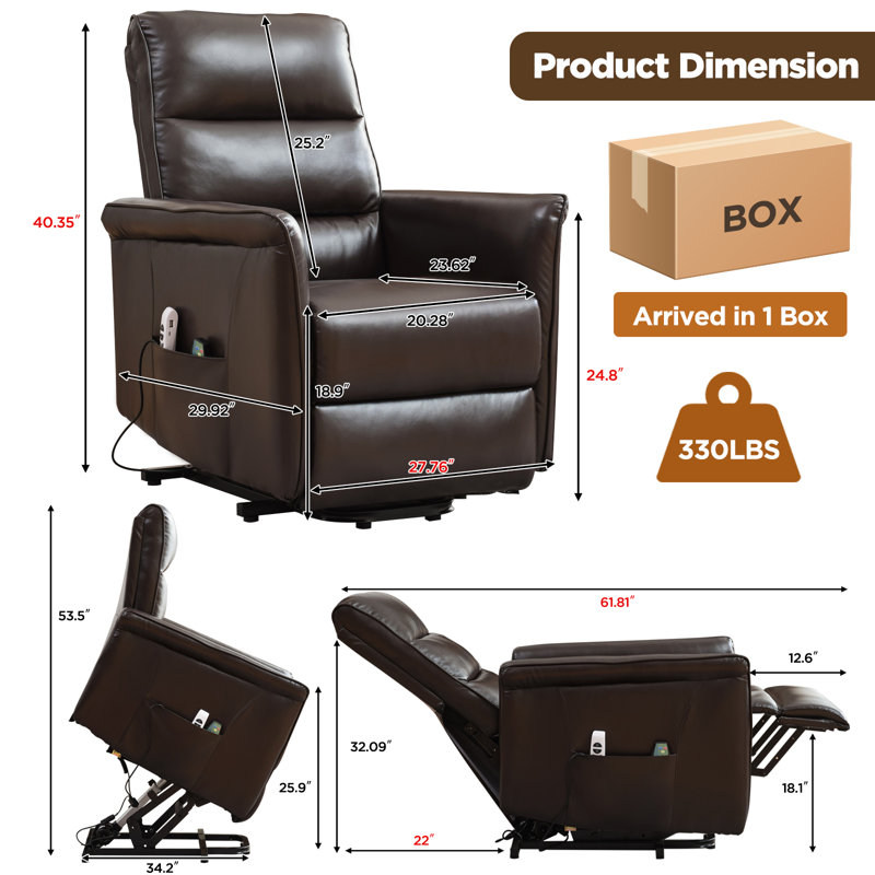 Fauteuil inclinable électrique Lift Assist avec massage par vibration et chauffage, Brun