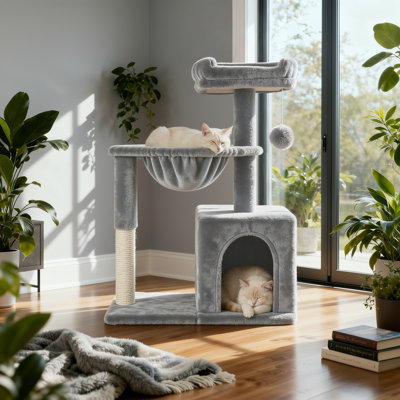 29.5" Plush Cat Tree With Condo, Scratching Post, Hammock & Dangling Ball Toy