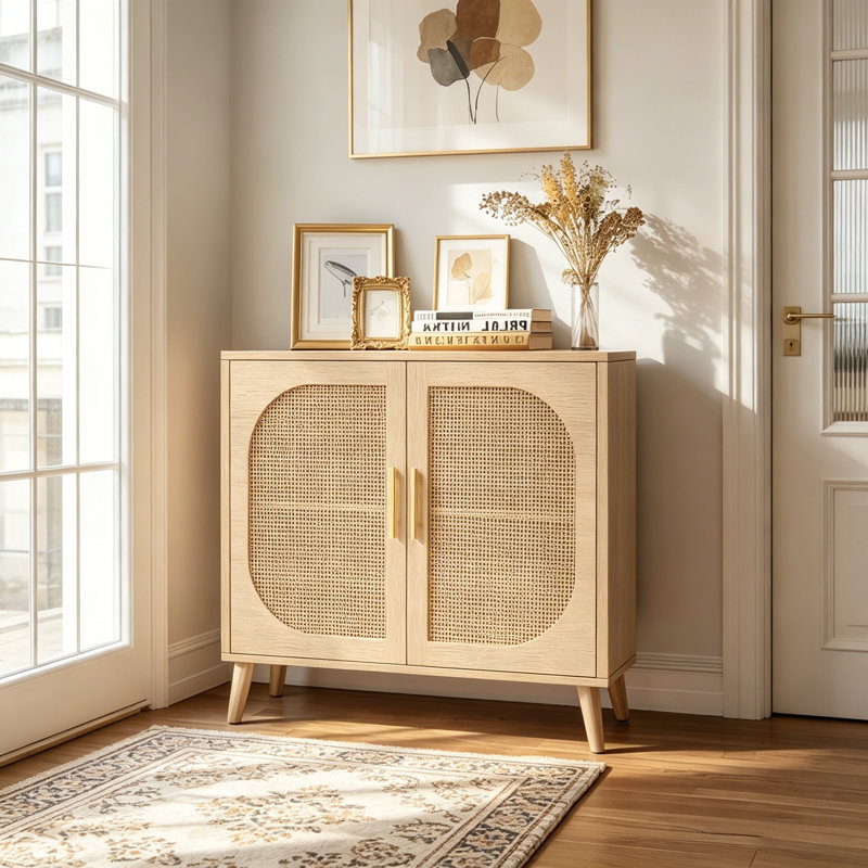 Buffet Cabinet with Storage Accent Bathroom Floor Cabinet with Two Doors and 4 compartments for Storage, Natural