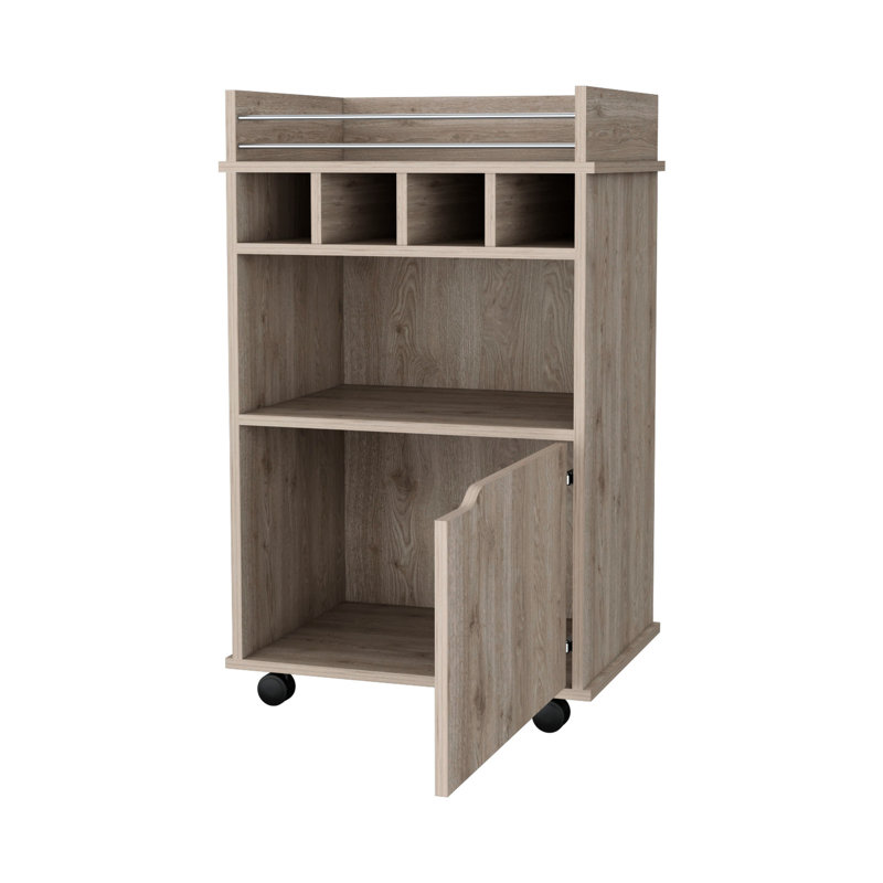 Wood Bar Cart With Built-In Bottle Holders And Smooth Wheels Dining Room Multiple Compartments Accessibility, Natural