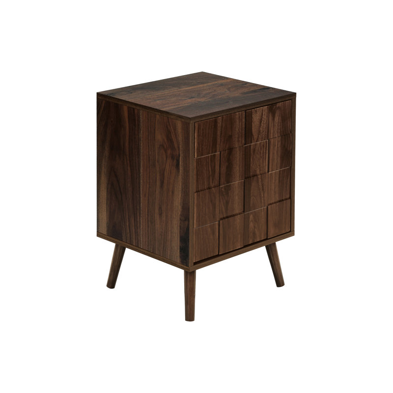 Modern Dark Walnut Laminate End Table with Storage, Adjustable Shelf, and Durable Wood Legs for Small Spaces.