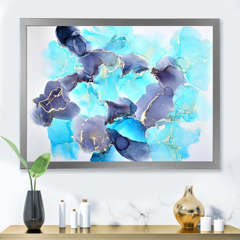 Turquoise de luxe abstrait fluide III - peinture sur toile, H 12 po x l 20 po x P 1 po, Cadre photo argenté