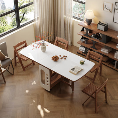 Table de salle à manger extensible en bois massif de 66 po avec 4 chaises de rangement sur roulettes, plateau en pierre résistant aux égratignures, peu encombrant et entièrement assemblé