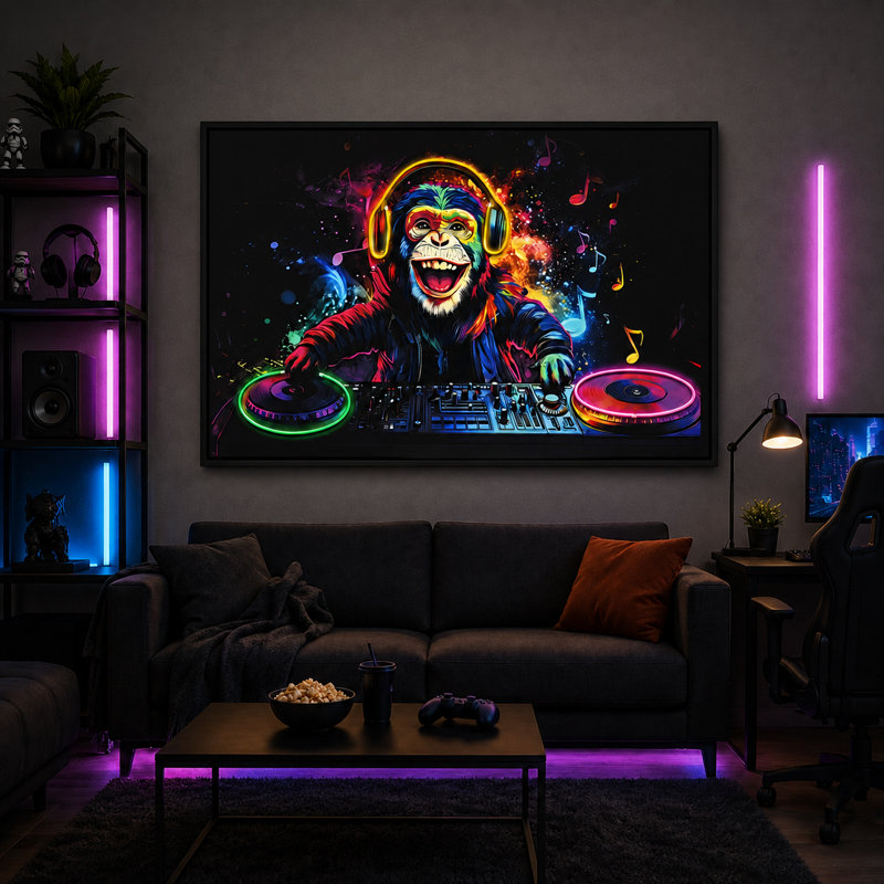 Britwall LED Wall Art DJ Monkey Illuminated Canvas 123x83cm with UK Plug & ON Off Switch