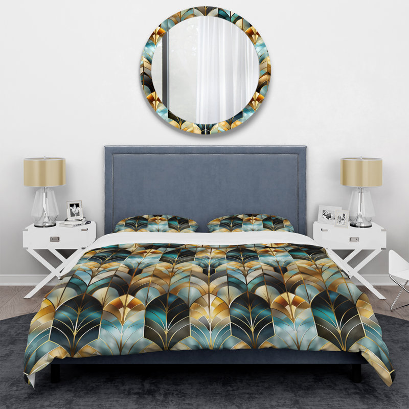 Ensemble de housse de couette géométrique or et gris des années 1970, Housse de couette pour très grand lit et 2 très