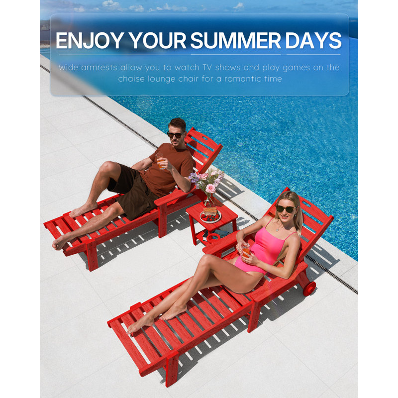 Chaise Lounge Chair Outdoor with Wheels, Oversize Patio Lounge Chairs with Wood Texture, 6-Position Plastic Lounge Chairs for Poolside, Patio, Deck, Beach