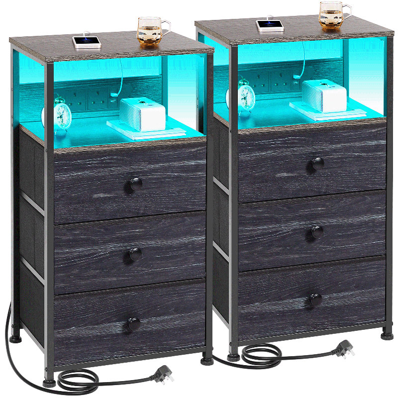 Night Stand Set 2, Led Nightstand With Charging Station, End Tables With Storage Shelf, Bed Side Table With 3 Fabric Drawers For Bedroom, Small Spaces
