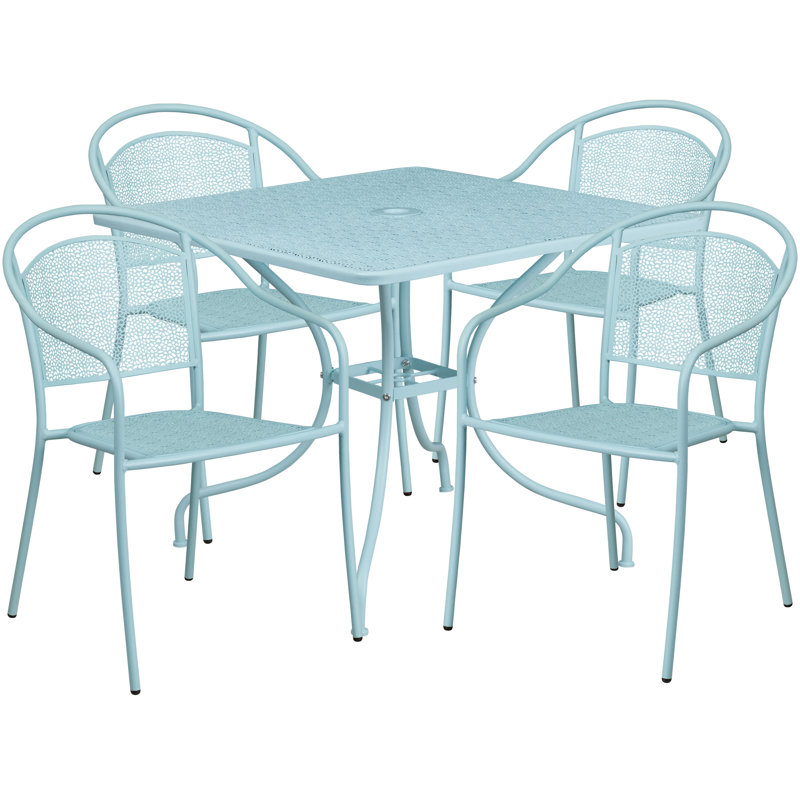 Chanea 35.5" Square Commercial Grade Steel Patio Table with 4 Round Back Chairs by Flash Furniture, Sky Blue
