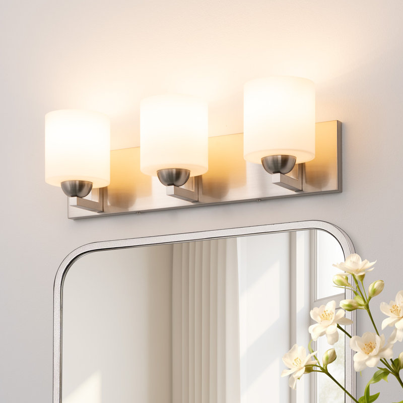 Bathroom Vanity Light Fixture with Opal Glass Shades, 3, Brushed Nickel