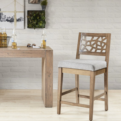 Tabouret de comptoir gris avec assise rembourrée en bois massif et finition chêne, assemblage requis