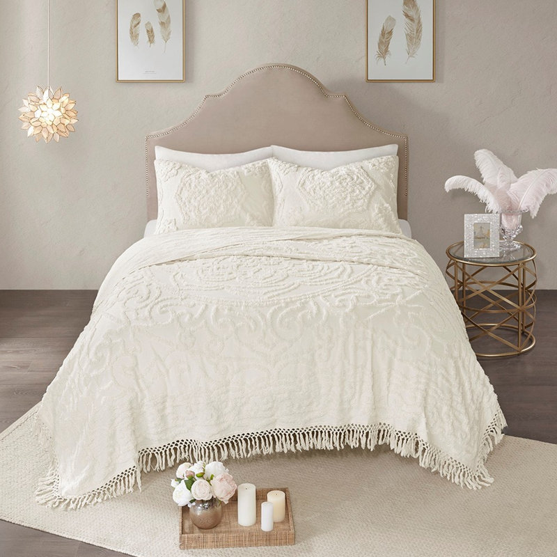 Couvre-lit très grand avec très grand lit, Couvre-lit très grand + 2 taies, Blanc cassé
