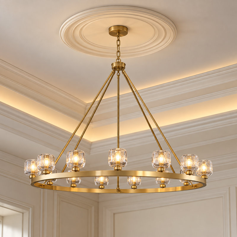 59" Dimmable Round Glass Shade Chandelier, Gold