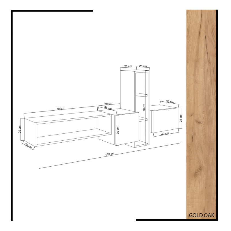 Modern TV Unit with Storage, Oak & White Finish, 63.0 x 27.6 x 13.8 inches | 100% Melamine Coated Particle Board, Thickness: 0.7 inches | Features Numerous Shelves, Wall-Mountable Design, Scandinavian Style