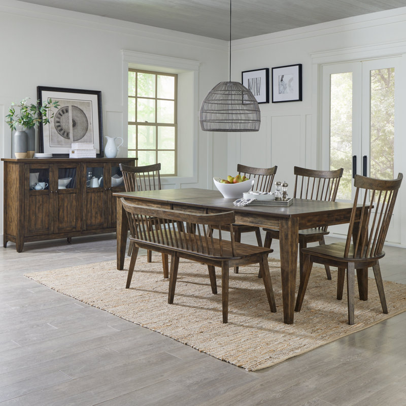 Jakeelah 6 Person Rectangular Dining Table Set, 6 Pieces: Table, Bench, 4 Chairs
