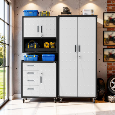 3-Piece Garage Storage Systems Set, Metal Garage Storage Cabinets with Wheels, Wall Mounted Cabinet + Rolling 4-Drawer Tool Chest + Tall Pegboard Cabinet, Lockable Tool Chest Organizer