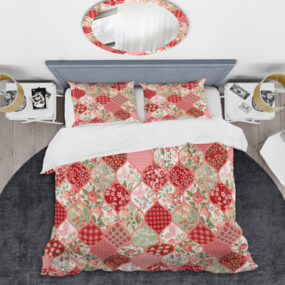 Patchwork de fleurs roses - ensemble de housse de couette abstrait - polyester microfibre