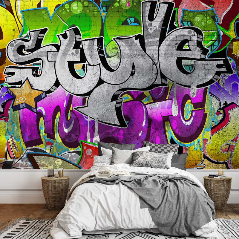 Papier peint adhésif multicolore à motif coloré graffiti vert et mauve 007, L 66 po x l 96 po