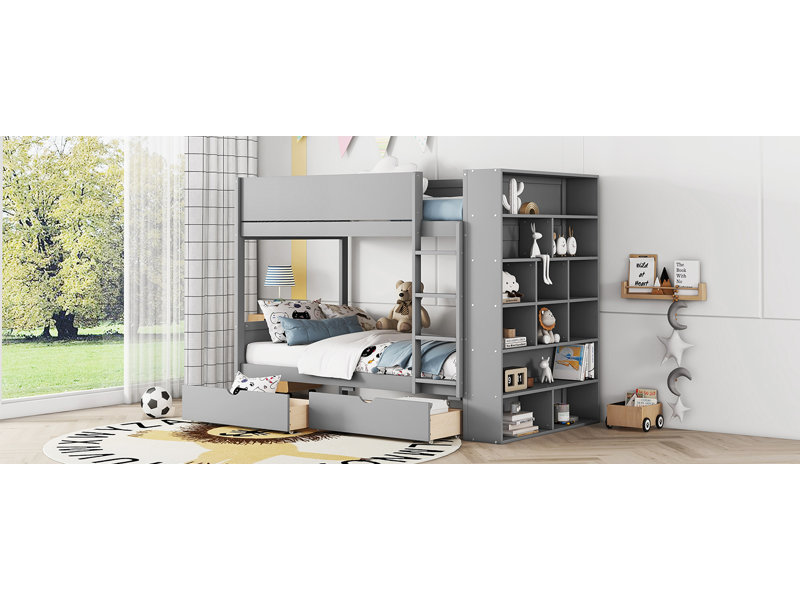 Lit superposé avec 2 tiroirs et armoire à couches multiples, Grey, Simple extra long