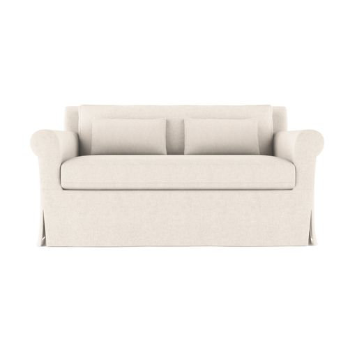 Ludlow Rolled-Arm Skirted Loveseat, Box Weave Linen Alabaster, 34" H x 60" W x 42" D, Weathered