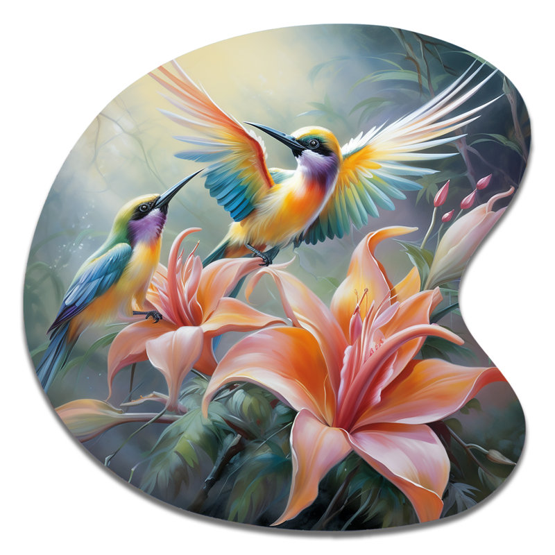 Fleurs tropicales avec un magnifique oiseau - forme irrégulière oiseaux de paradis, décoration murale en métal, reproduction de sculpture murale asymétrique en métal