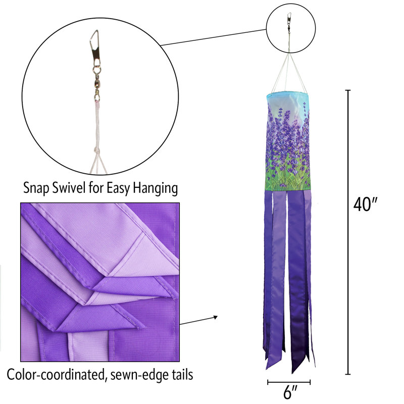 Lavender 40-Inch Polyester Garden Windsock with Embroidered Details